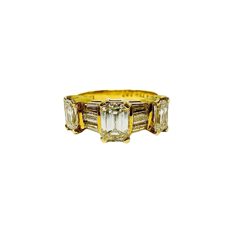 NOVA 18K Gold 3 Stone Ring with Emerald Cut and Baguette Diamonds