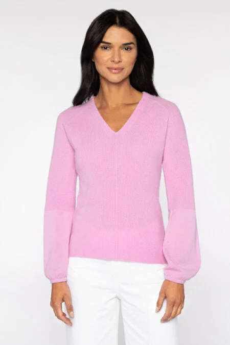 Kinross Cashmere Gathered Sleeve Rib Vee