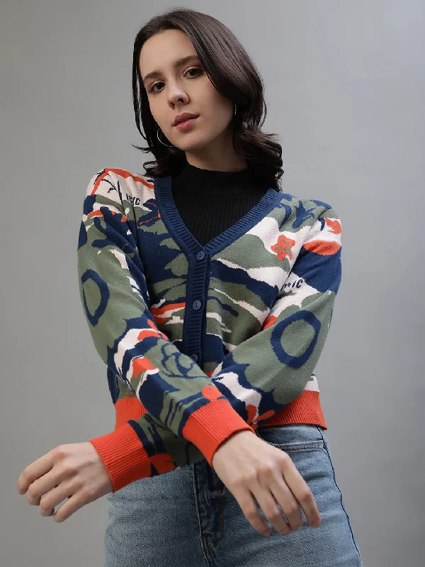 Iconic Women Multicolor Printed V-Neck Full Sleeves Sweater