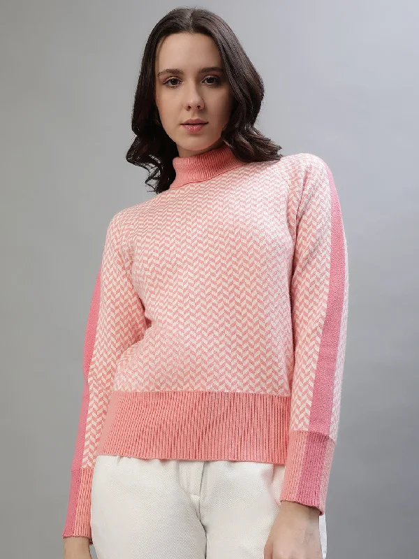 Iconic Women Pink Printed Turtle Neck Full Sleeves Sweater