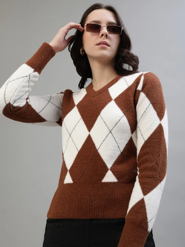 Iconic Women Brown Printed V-Neck Full Sleeves Sweater