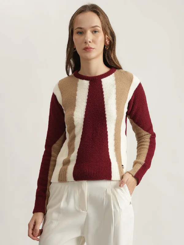 Iconic Women Multi Color-Blocked Round Neck Full Sleeves Pullover Style Sweater