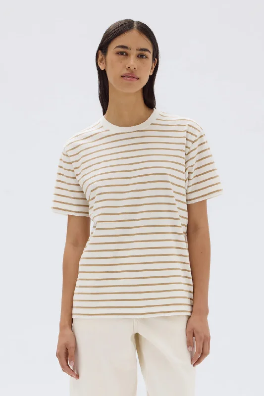 Assembly Label - Womens Port Stripe Short Sleeve Tee, Antique White/Tan Stripe