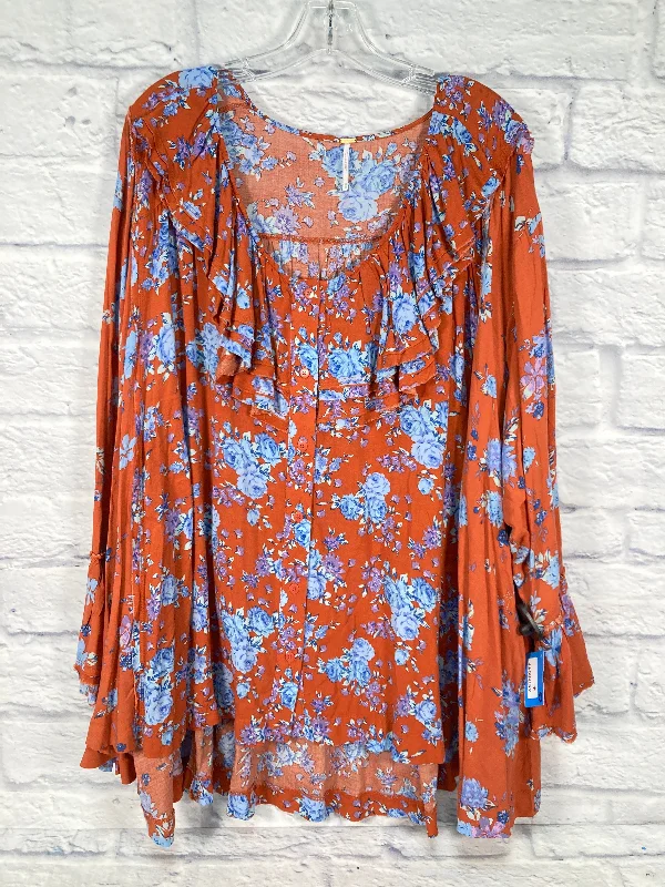 Blouse Long Sleeve By Free People In Blue & Brown, Size: M