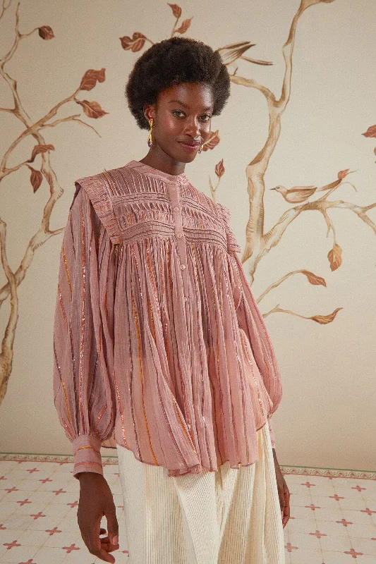 Light Pink Pleated Yoke Long Sleeve Blouse