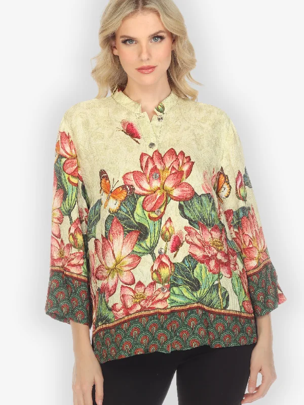 Lotus Embroidery Print Silk Blend Blouse