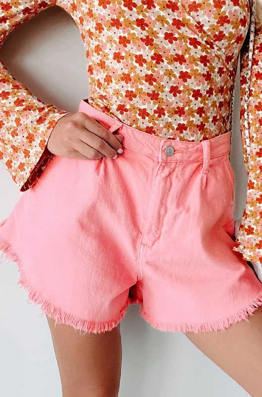 Becky High Waist Frayed Hem Denim Shorts (Pink)