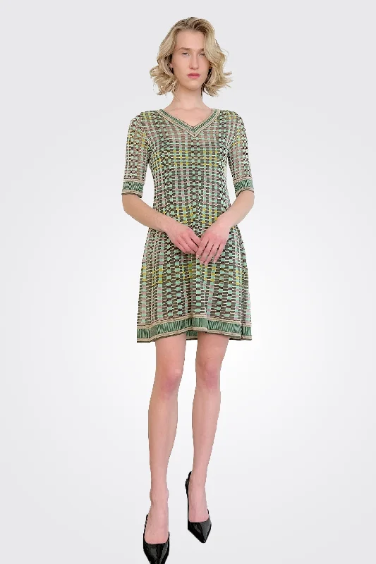 Short Sleeve V Neck Mini Dress - Green Multi