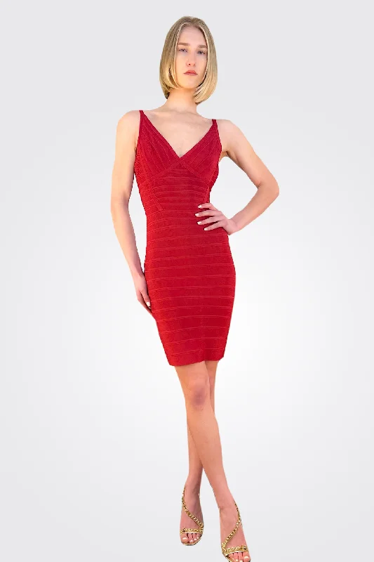 V Neck Bandage Mini Dress - Red