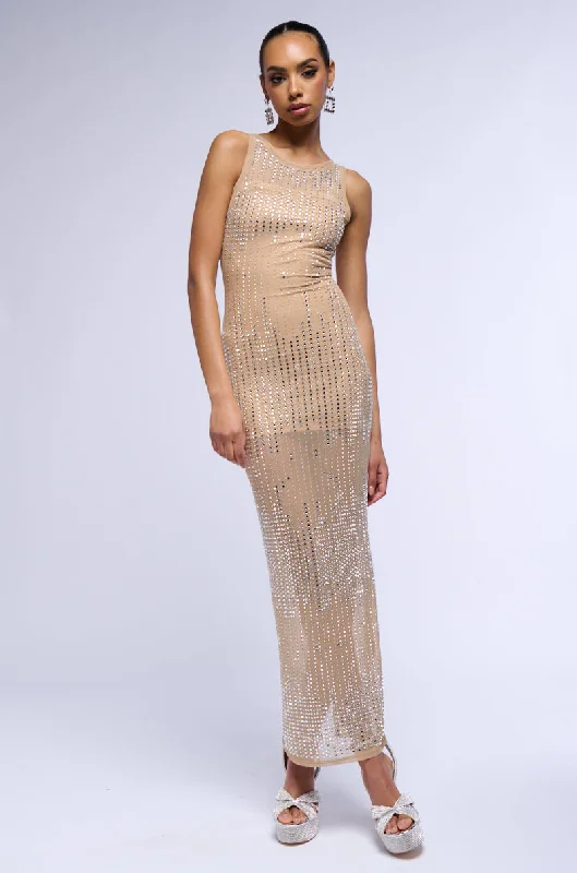 GLITZ AND GLAM RHINESTONE MESH MAXI DRESS