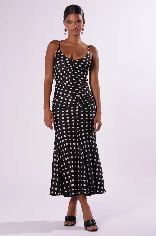 NANCY SATIN POLKA DOT MIDI DRESS