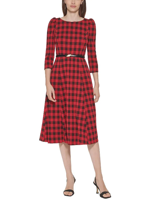 Petites Womens Plaid Knee Midi Dress