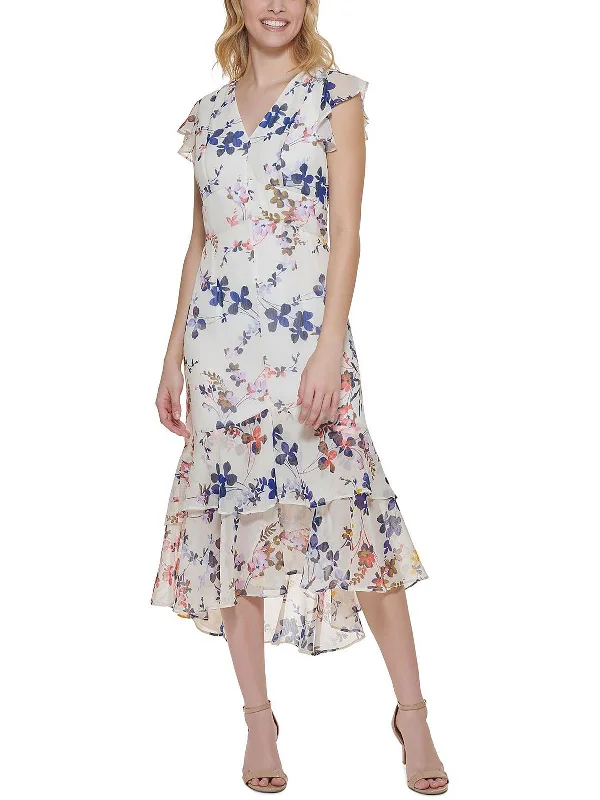 Womens Floral Ruffled Midi Dress