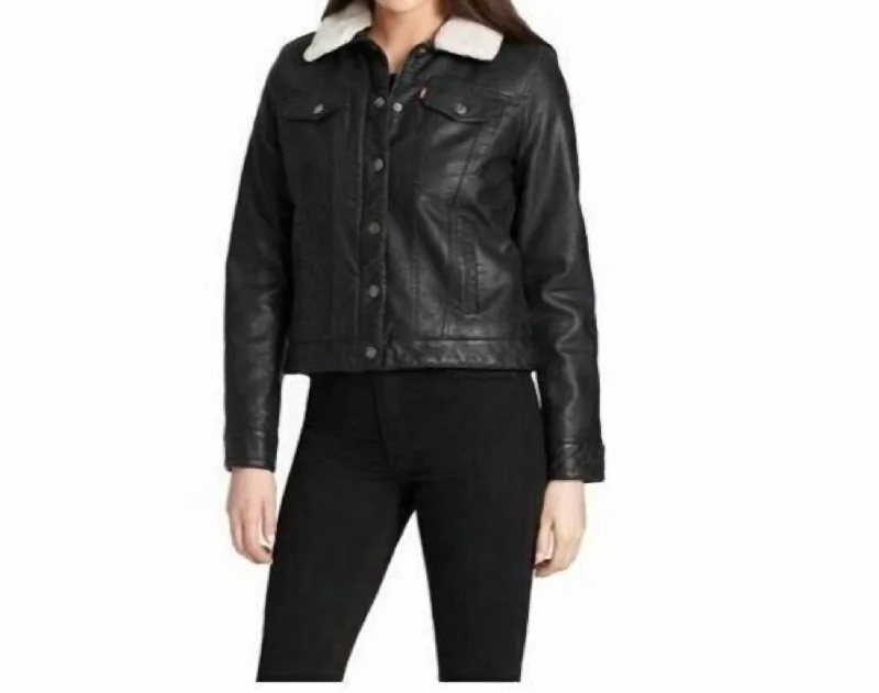 Classic Lined Sherpa Faux Leather Trucker Jacket In Black