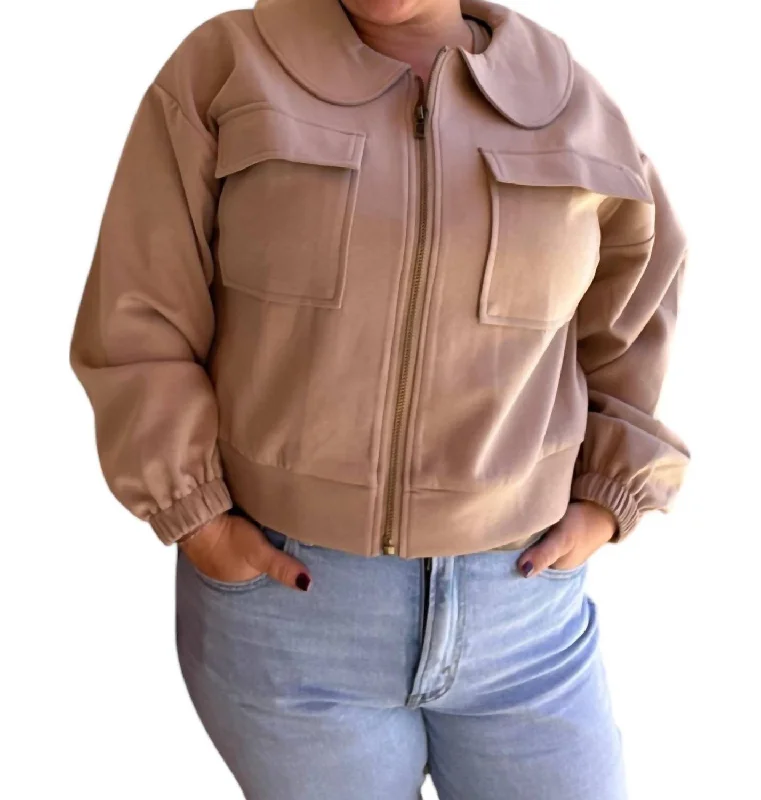 Zip Up Collar Jacket In Taupe