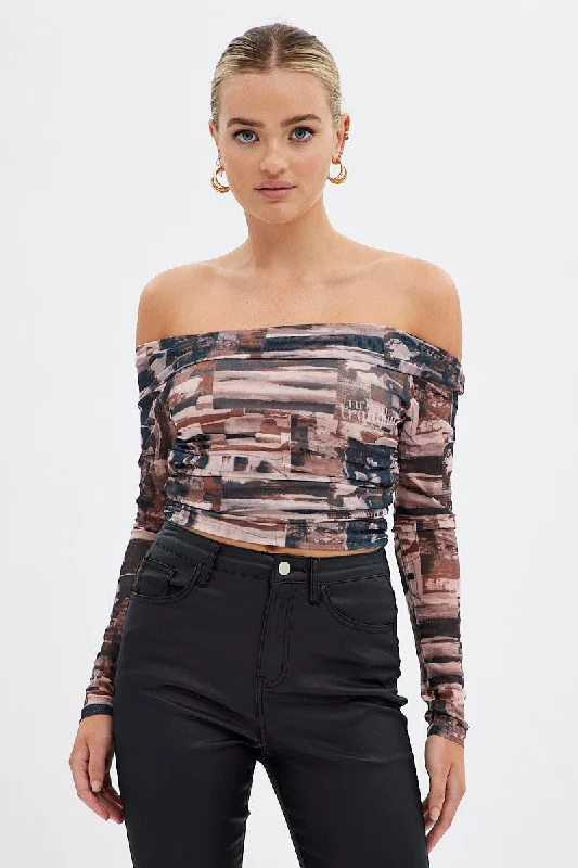 Brown Print Bardot Top Long Sleeve Off Shoulder Mesh Crop