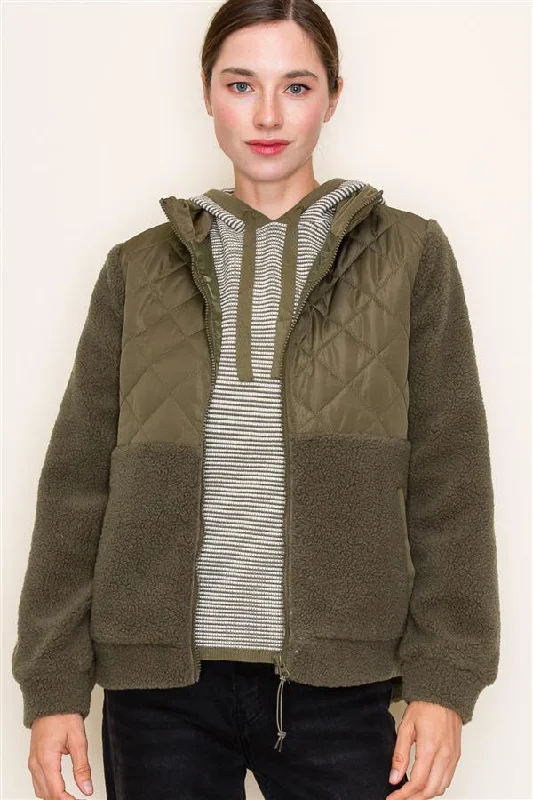 Olive Quilted Fleece Zip Up Jacket