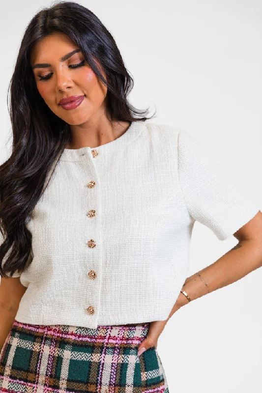 This Time Ivory Tweed Collarless Jacket Top